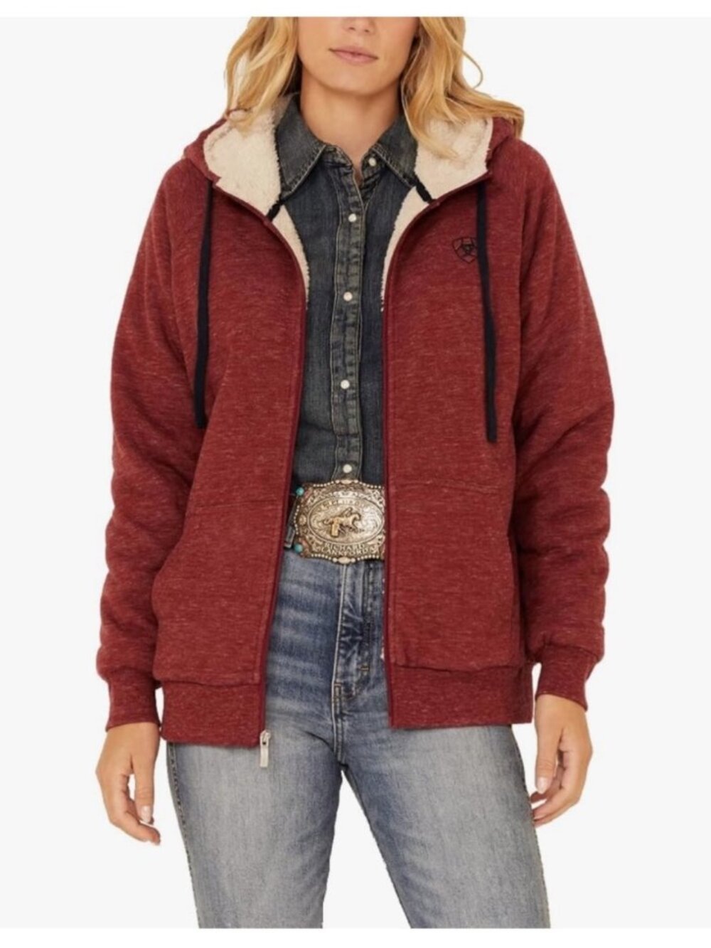 Ariat Women’s  Sherpa-Lined Full Zip Hoodie XL Red L/S Hooded  Ribbed Cuffs logo